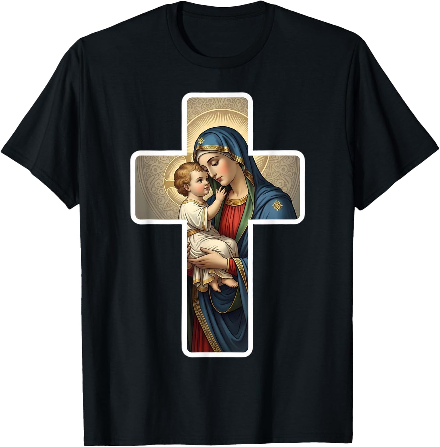 Saint Mary with Baby Jesus Christ Santa Maria Cross Icon T-Shirt - T-Shirt | Black