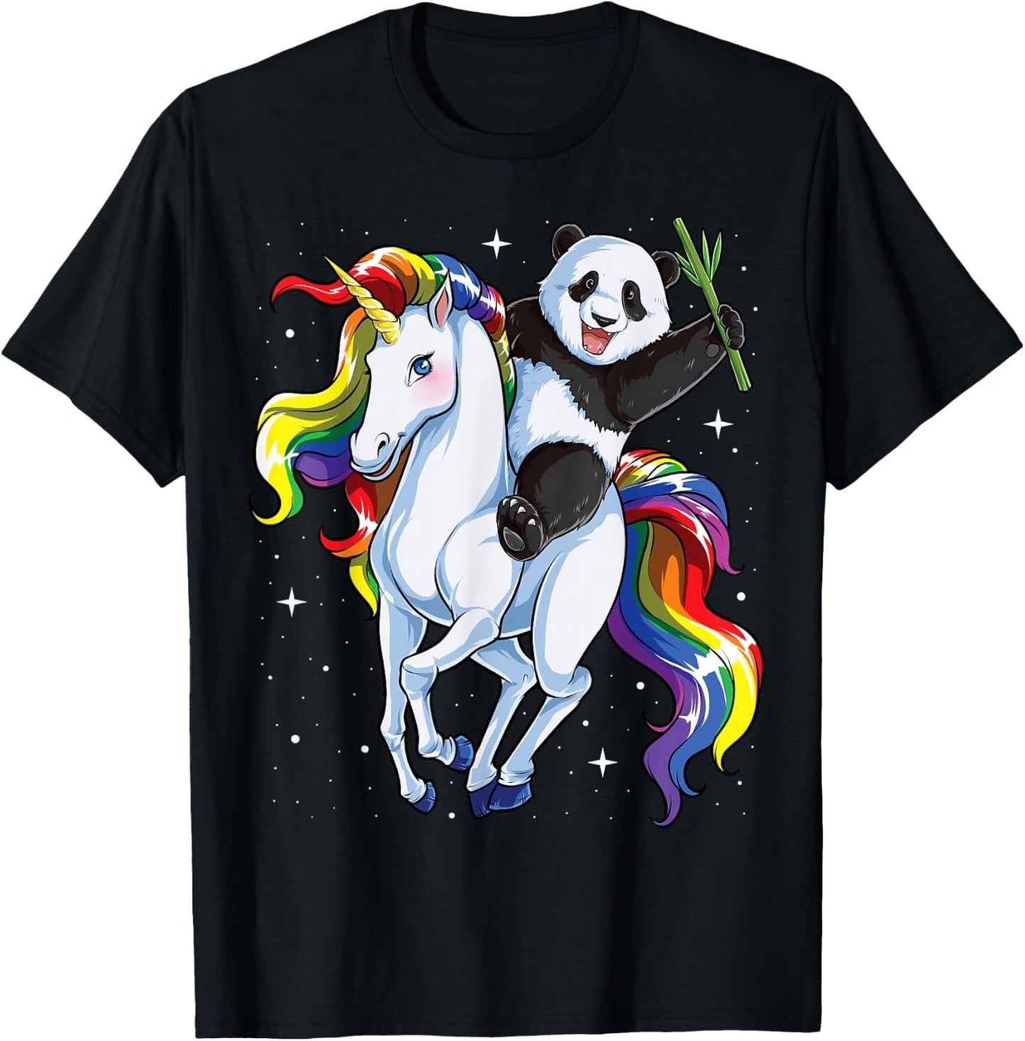 Panda Riding Unicorn Pandicorn Girls Kids Women Rainbow Gift T-Shirt - T-Shirt | Black