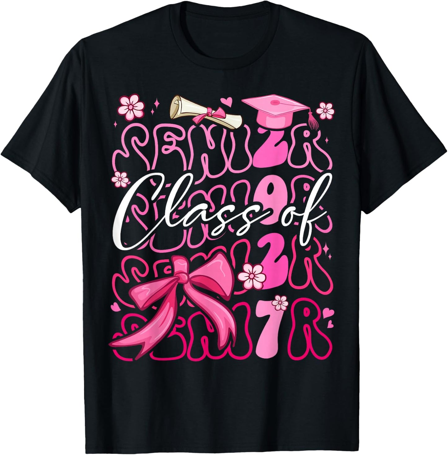 Class of 2027 Senior Cute Graduation Pink Bow 2027 Grad Girl T-Shirt - T-Shirt | Black