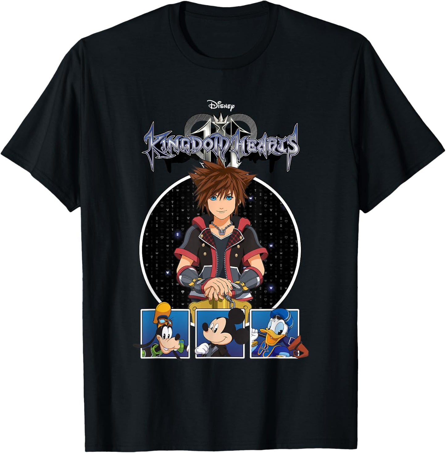 Disney Kingdom Hearts Sora Mickey Donald Goofy Panel Up Grid T-Shirt - T-Shirt | Black