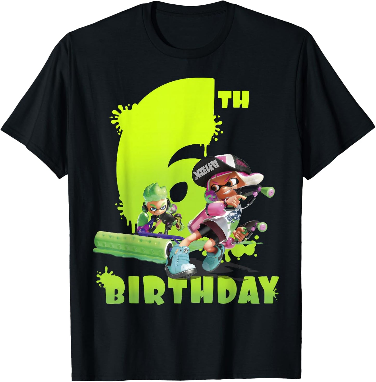Splatoon Inkling 6th Birthday Green Splatter Portrait T-Shirt - T-Shirt | Black