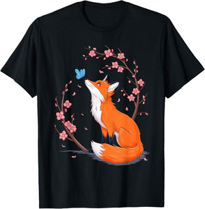 Fox Japanese Cherry Blossom Flower Vintage T-Shirt - T-Shirt | Black