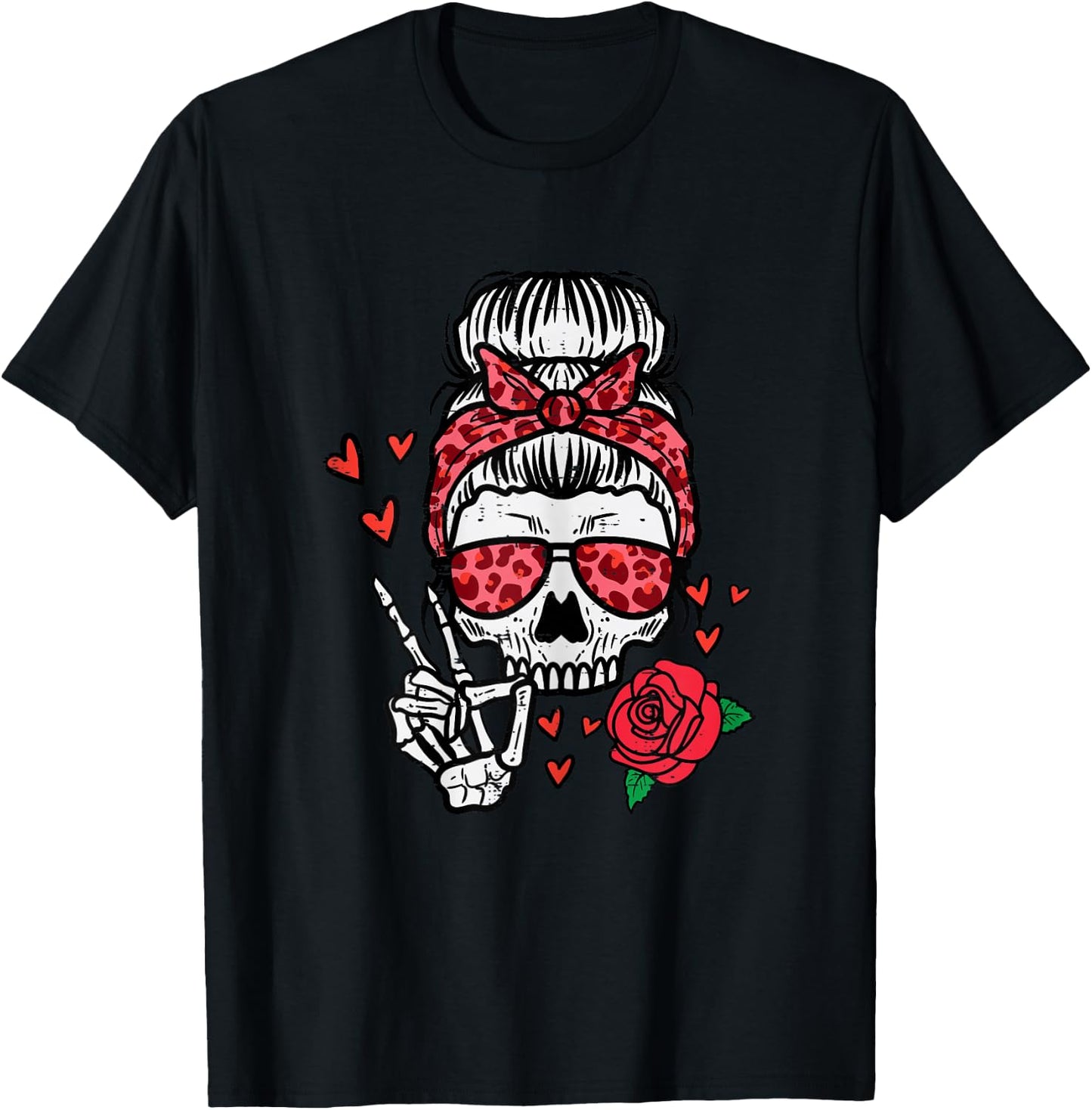 Valentines Skeleton Leopard Messy Bun Peace Funny Women T-Shirt - T-Shirt | Black