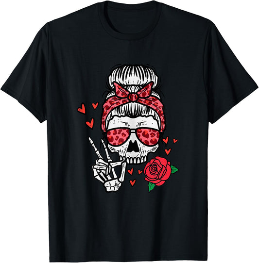 Valentines Skeleton Leopard Messy Bun Peace Funny Women T-Shirt - T-Shirt | Black