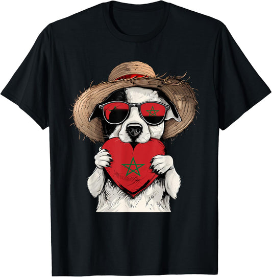 Morocco Flag Dog Moroccan Pride Heart Moroccan Roots Men Women Girls Kids T-Shirt - T-Shirt | Black
