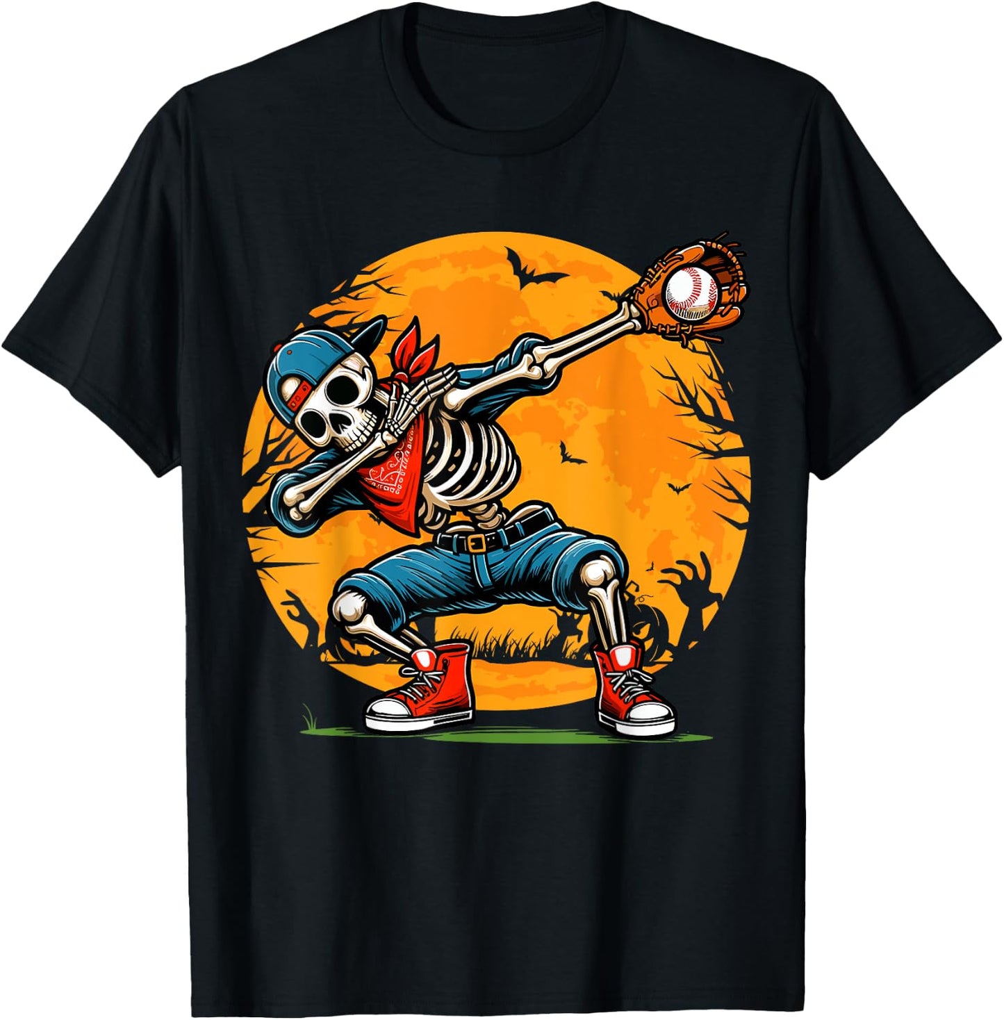 Dabbing Skeleton Baseball Halloween Spooky Baseball Player T-Shirt - T-Shirt | Black