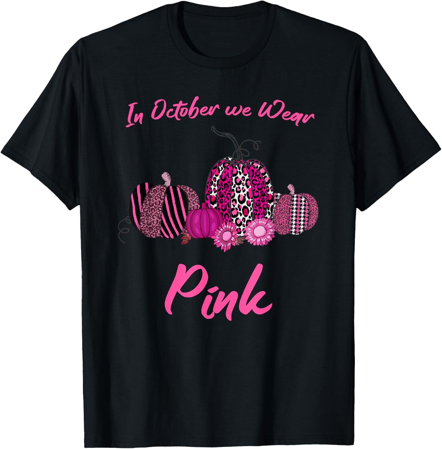 In October We Wear Pink Breast Cancer, Leopard Plaid Pumpkin T-Shirt - T-Shirt | Black