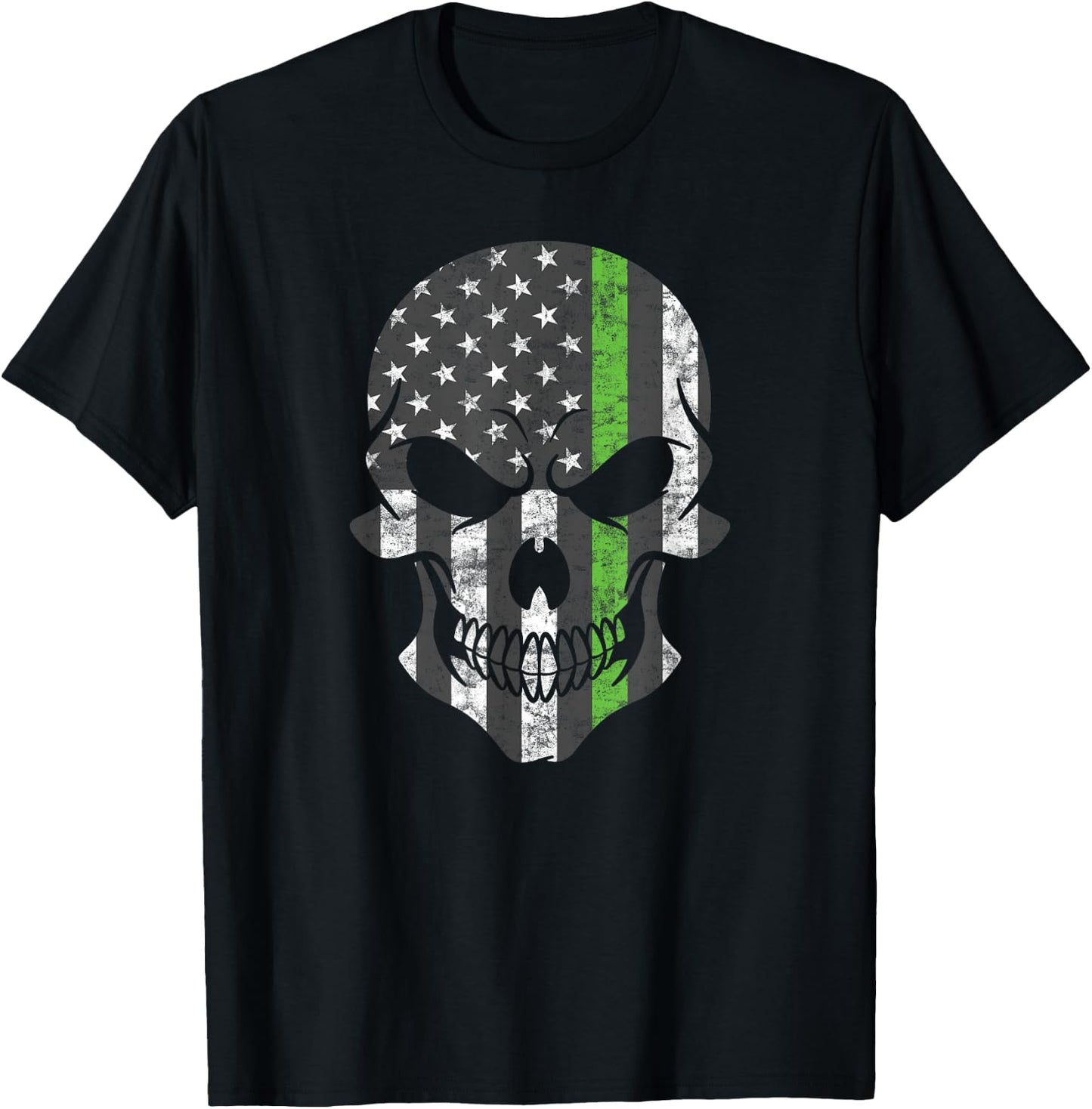 Green Thin Line USA Flag Skull Support Border Patrol Agents T-Shirt - T-Shirt | Black