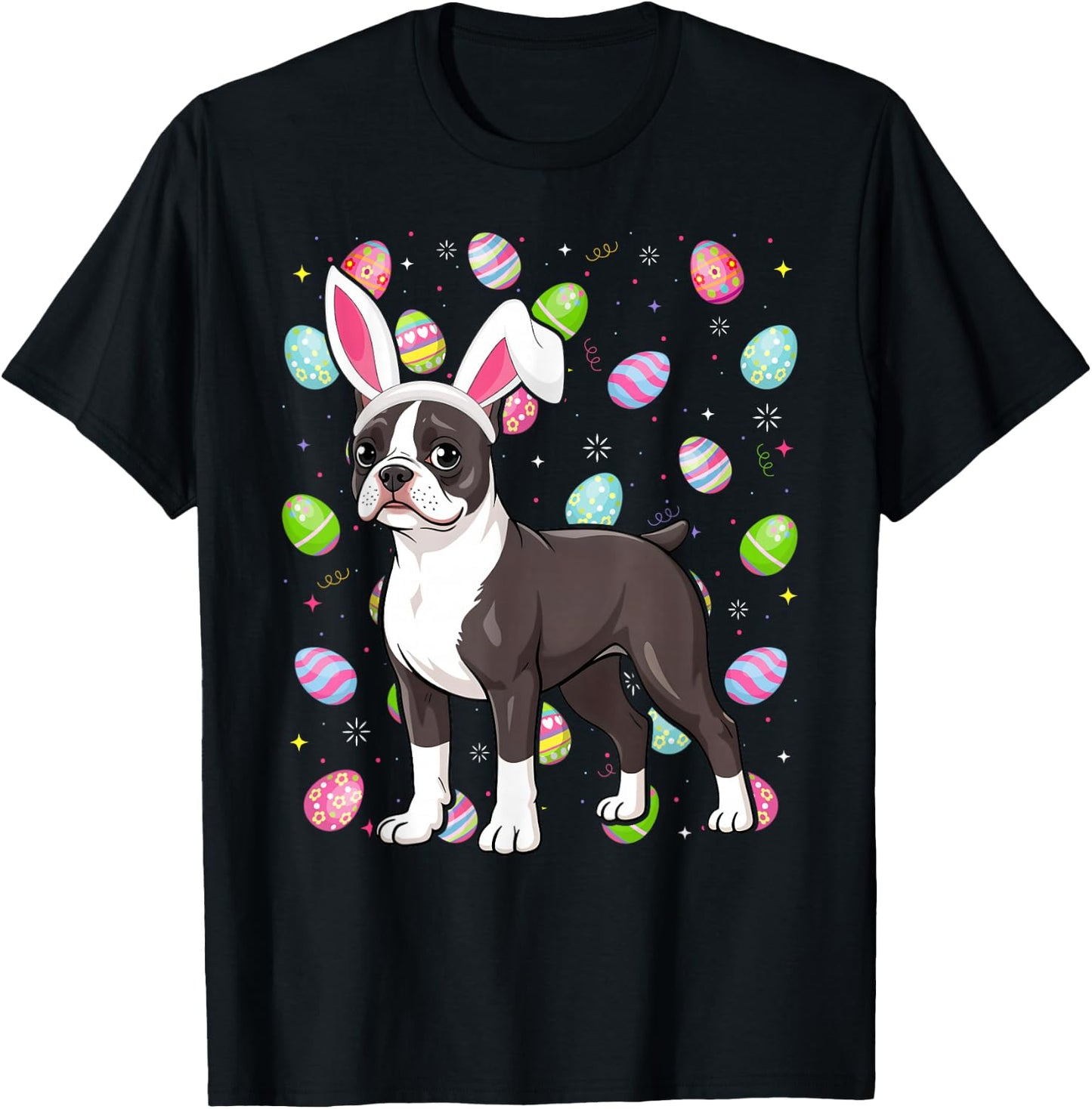 Boston Terrier Dog Happy Easter Egg Hunt Bunny Ear Easter T-Shirt - T-Shirt | Black