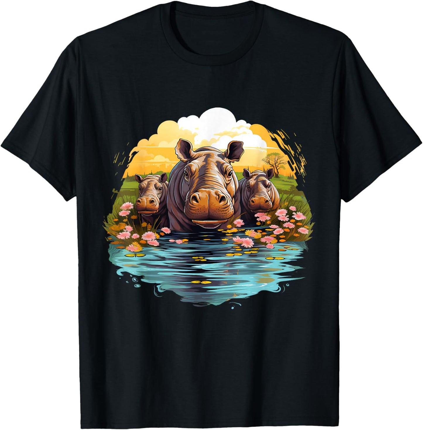 Hippo Floral Artwork Nature Wildlife Hippopotamus Savanna T-Shirt - T-Shirt | Black