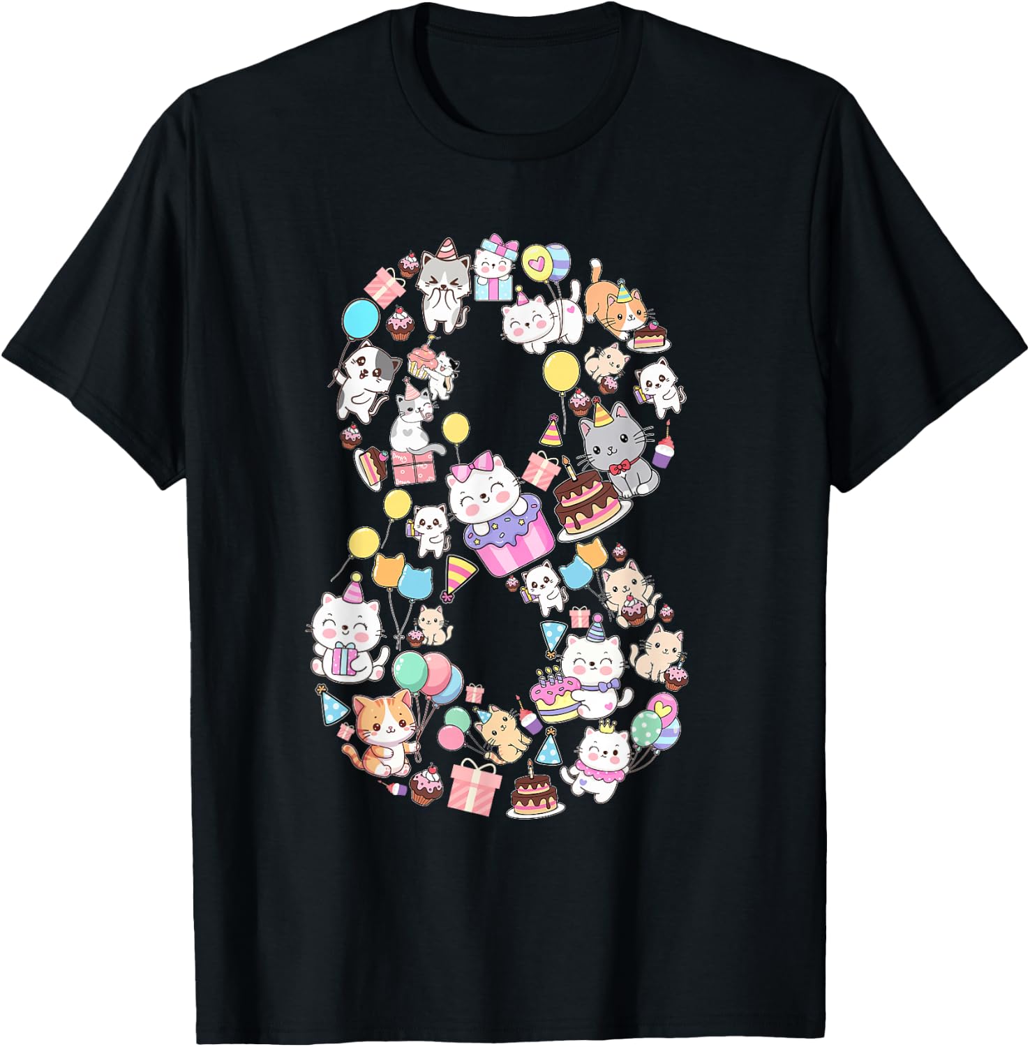 8 Year Old Cat Lover 8th Birthday Cat Animals Themed T-Shirt - T-Shirt | Black