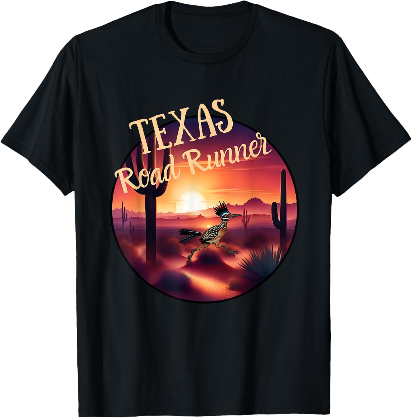Texas Road Runner Cactus Sunset in the Desert Bird Lover T-Shirt - T-Shirt | Black