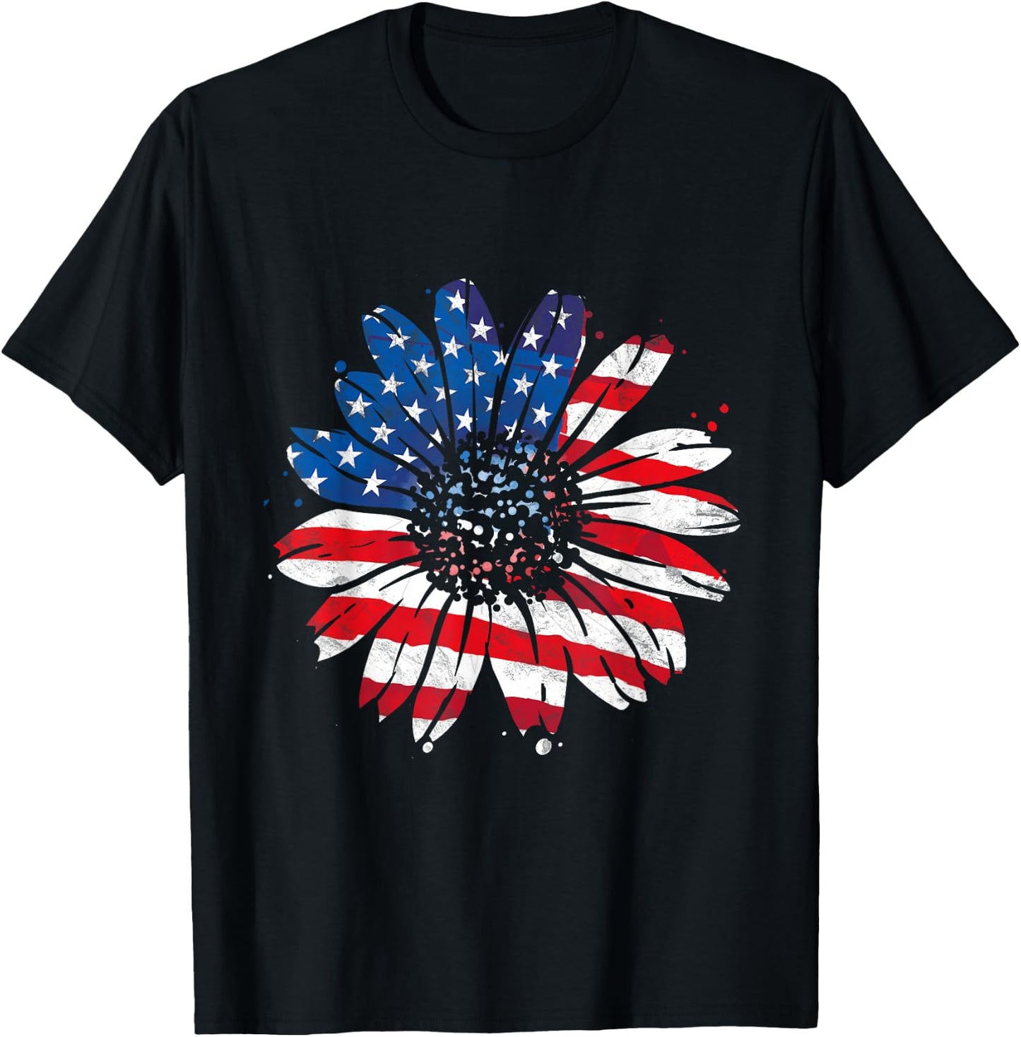 USA American Flag Vintage Sunflower Happy 4th of July Girl T-Shirt - T-Shirt | Black