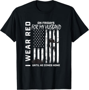 Red Friday Deployed Husband Military Wife Support USA Flag T-Shirt - T-Shirt | Black