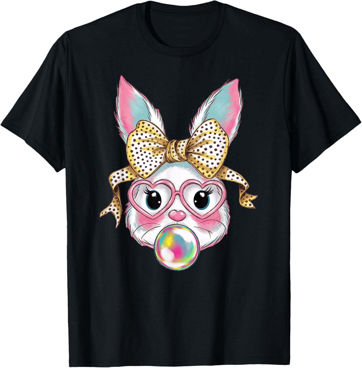Cute Rabbit Bunny Face Blowing Bubble Gum Easter Day Girls T-Shirt - T-Shirt | Black