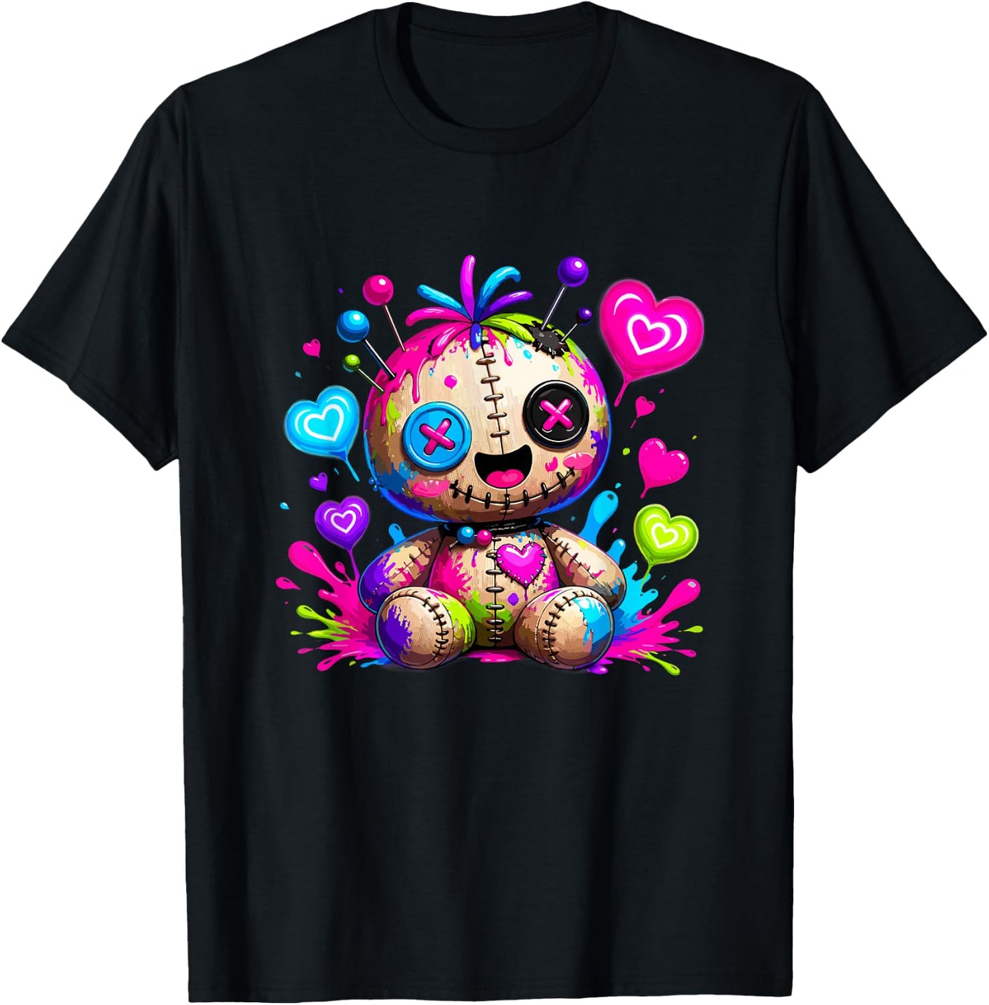 Colorful Creepy Cute Voodoo Doll Pastel Goth Hearts T-Shirt - T-Shirt | Black