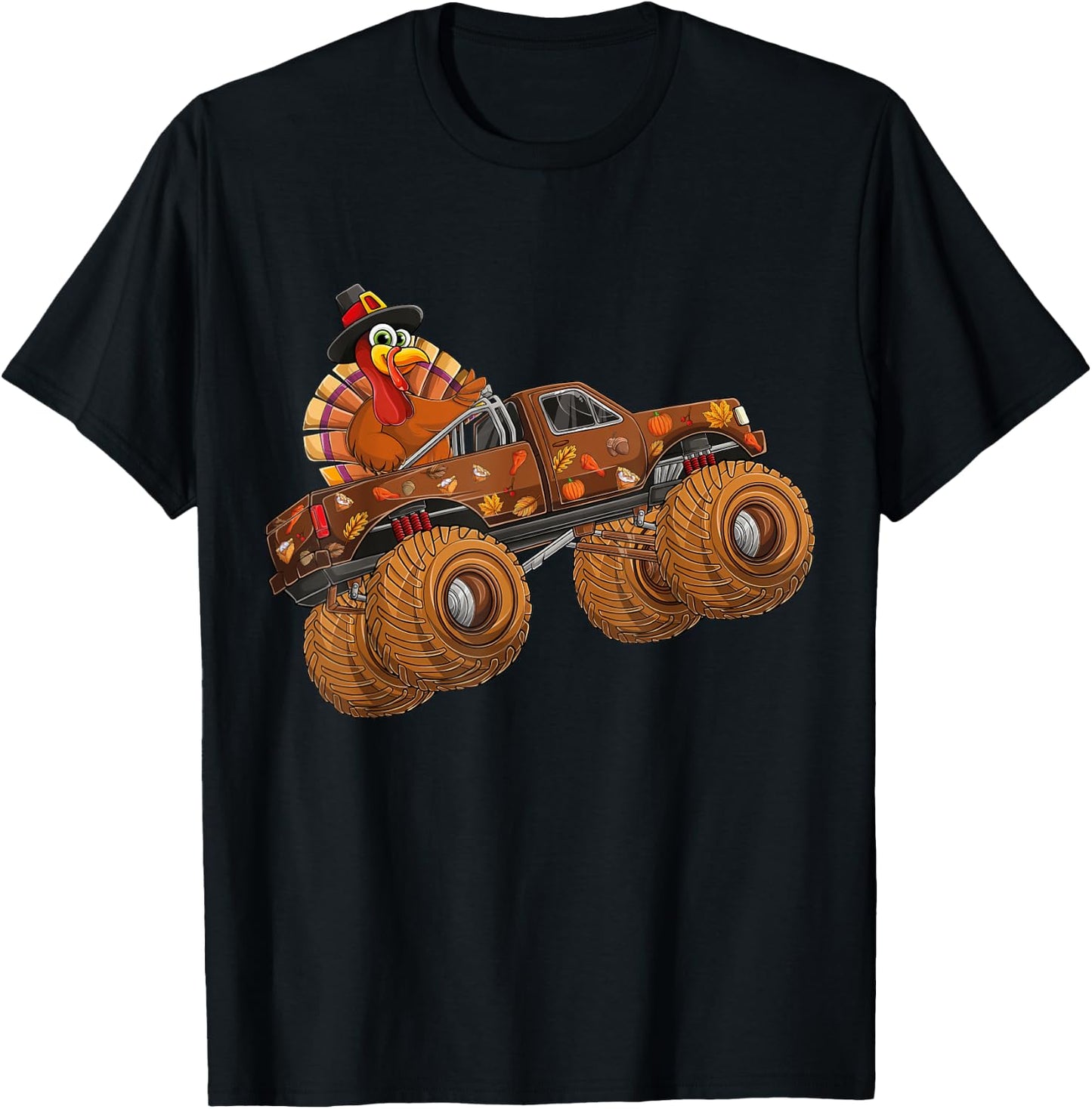 Funny Thanksgiving Turkey Day Riding Monster Truck Kids Boy T-Shirt - T-Shirt | Black