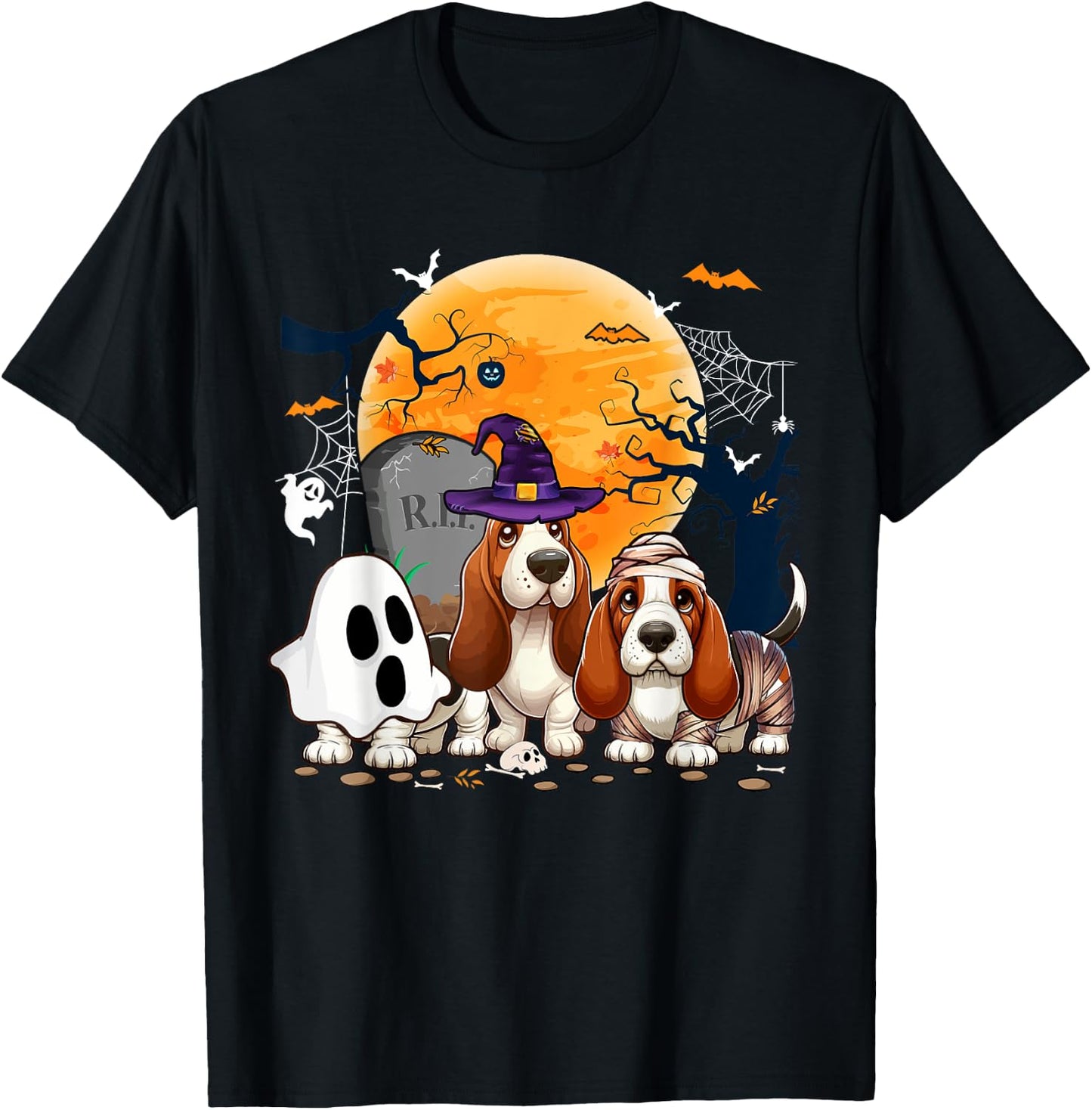 Three Halloween Basset Hounds Cosplay Witch Ghost Mummy T-Shirt - T-Shirt | Black