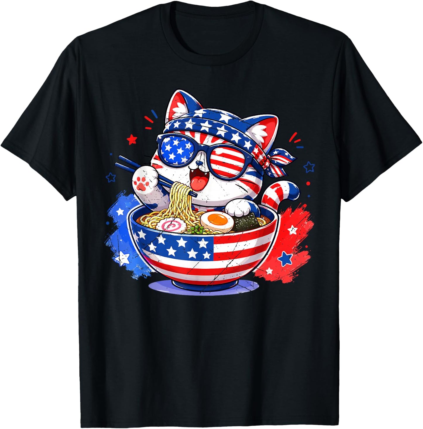 Cute Cat Ramen Anime American Flag USA Patriotic 4th of July T-Shirt - T-Shirt | Black