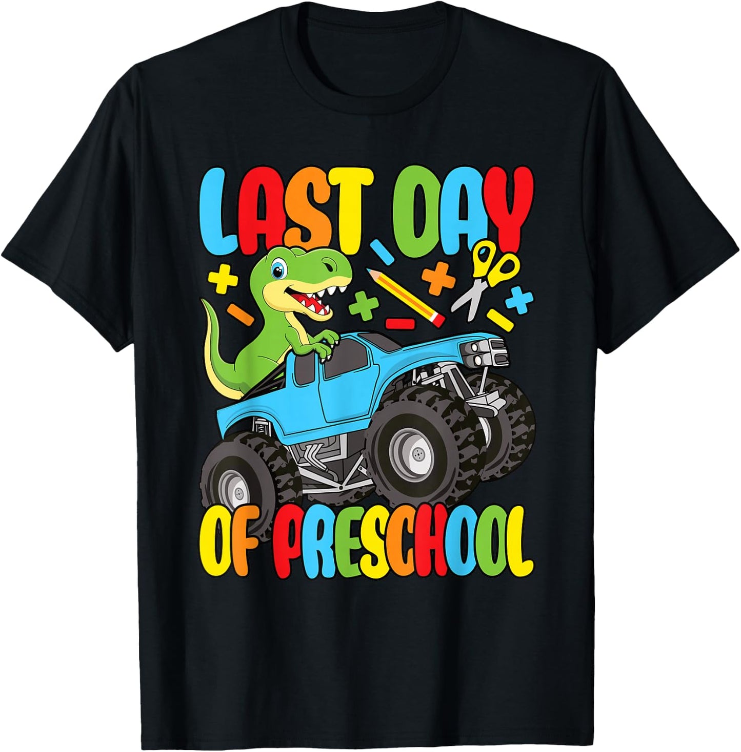 Funny Last Day Of Preschool Dinosaur Monster Truck Boys Kids T-Shirt - T-Shirt | Black