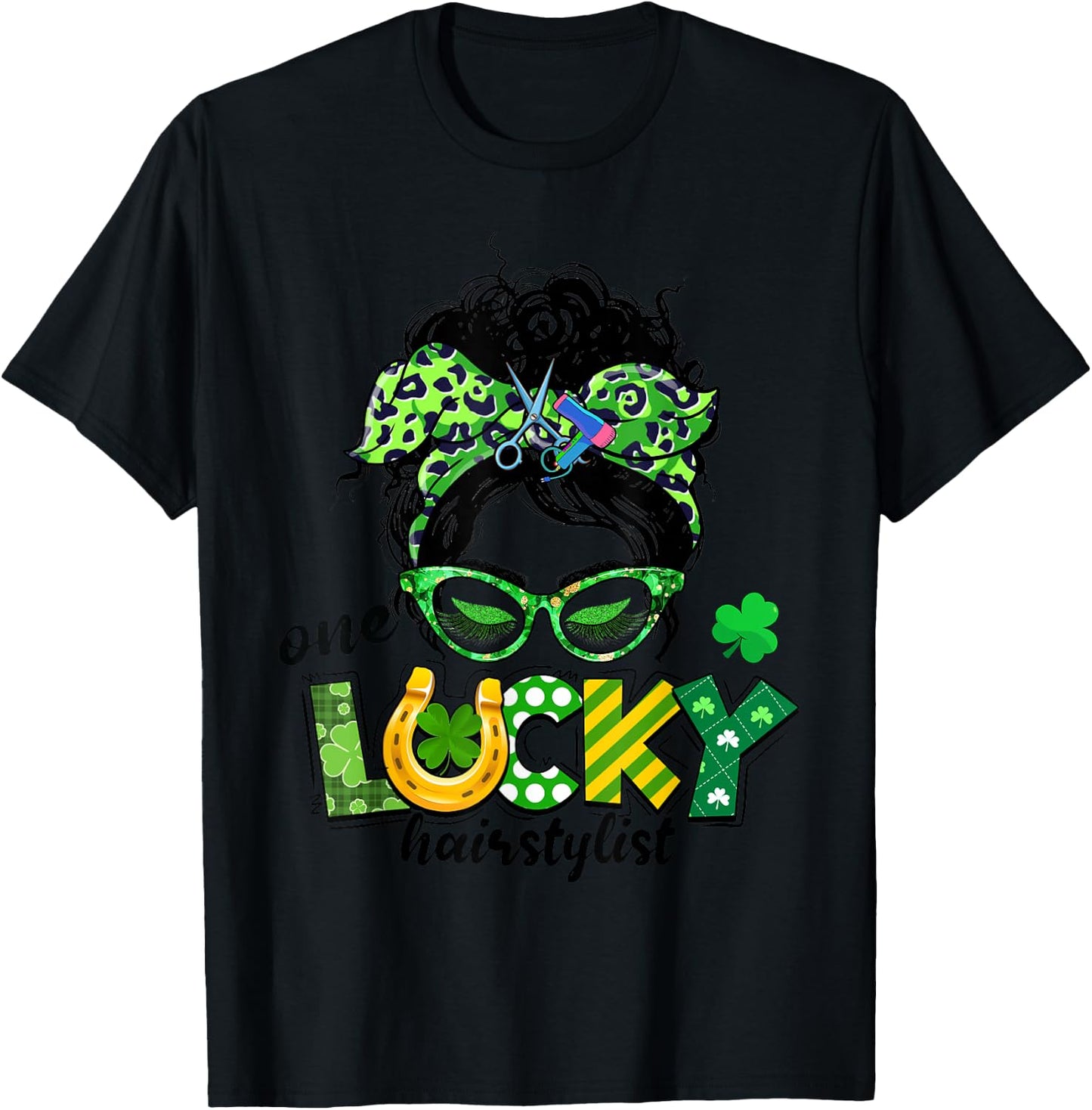 One Lucky Hairstylist Messy Bun Women St Patrick's Day T-Shirt - T-Shirt | Black