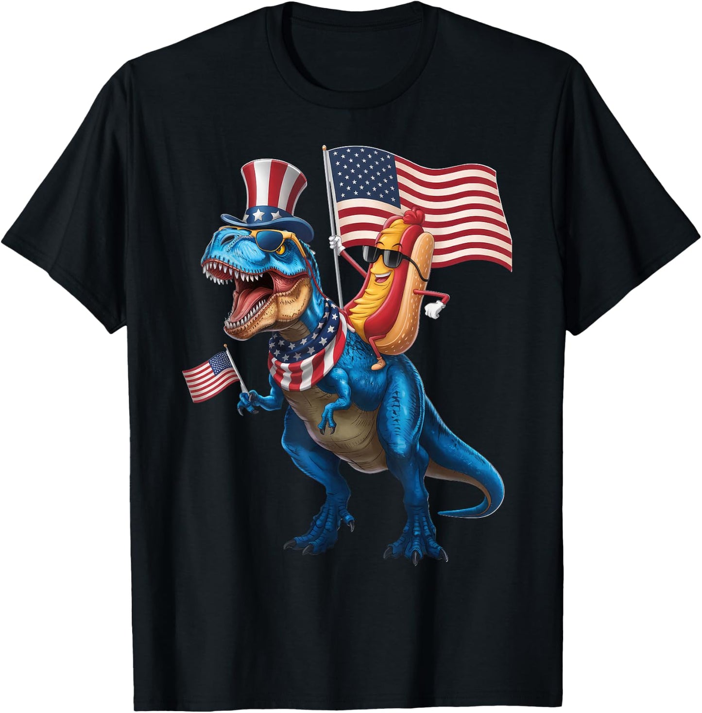Hotdog Riding TRex Dinosaur 4th of July USA Flag T-Shirt - T-Shirt | Black
