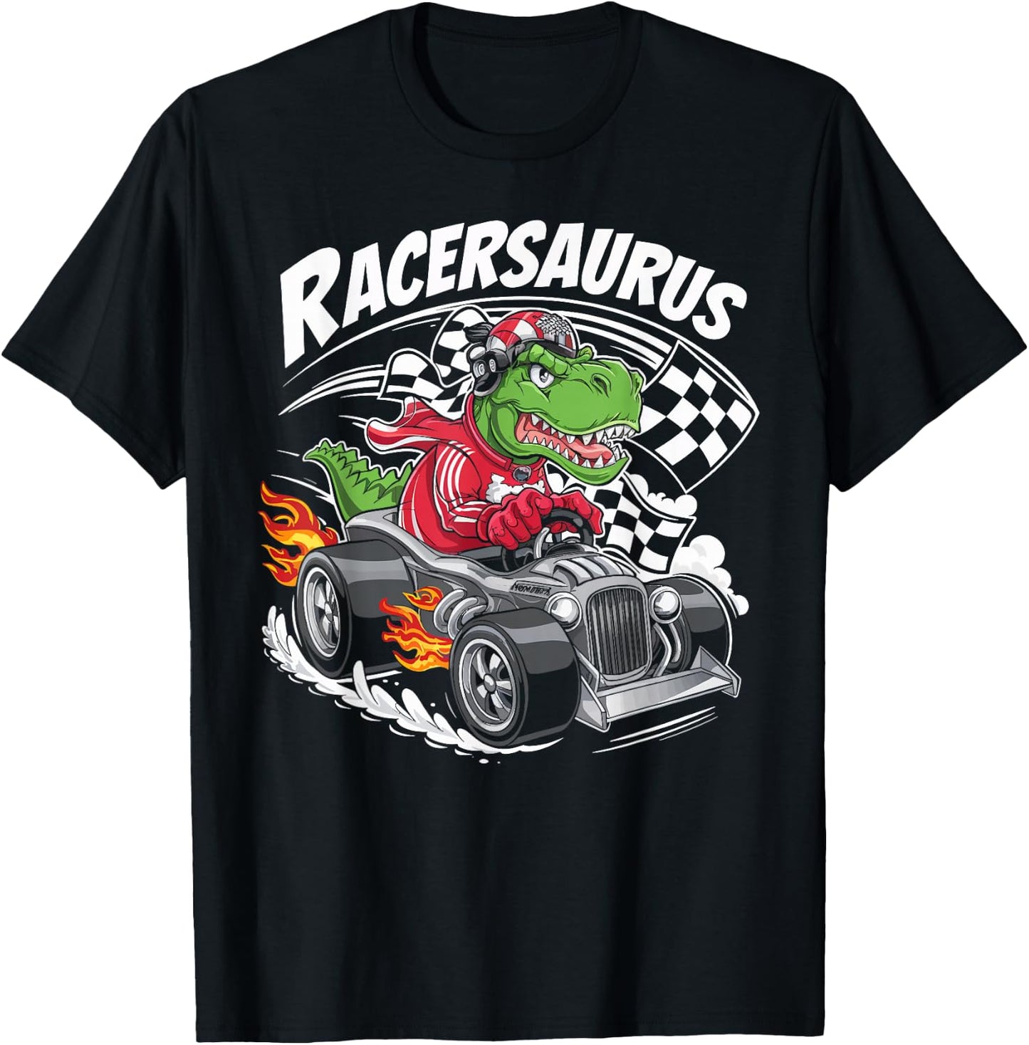 Funny Dinosaur Racer Racing Racersaurus Kids Boys T-Shirt - T-Shirt | Black