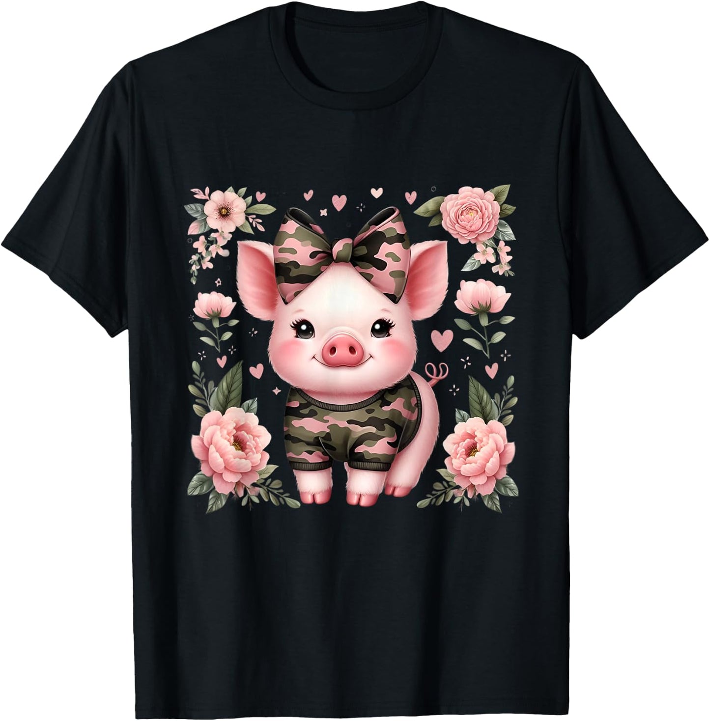 Cute Pig Camouflage Old Camo Coquette T-Shirt - T-Shirt | Black