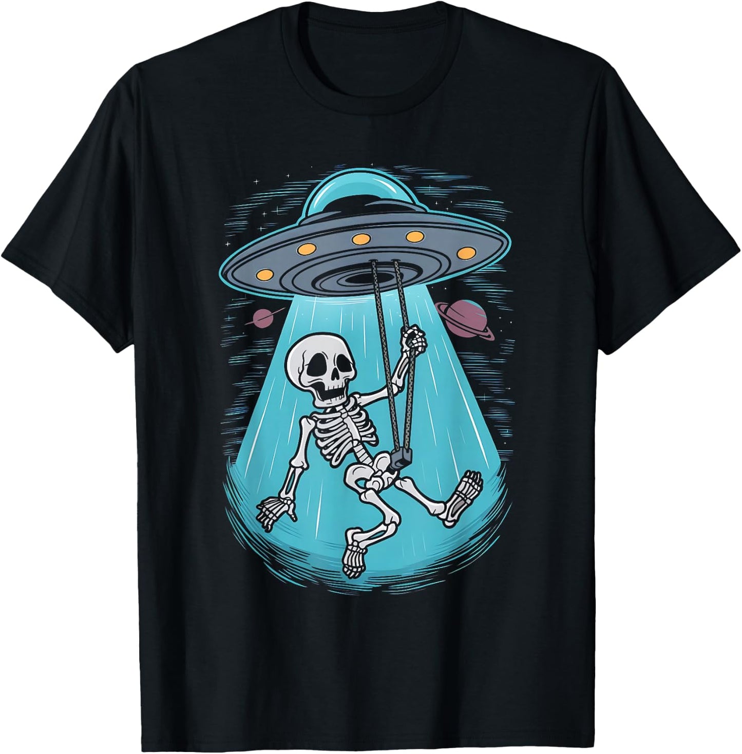 Skeleton Alien UFO Beam Swing Boys Girts Halloween Graphic T-Shirt - T-Shirt | Black