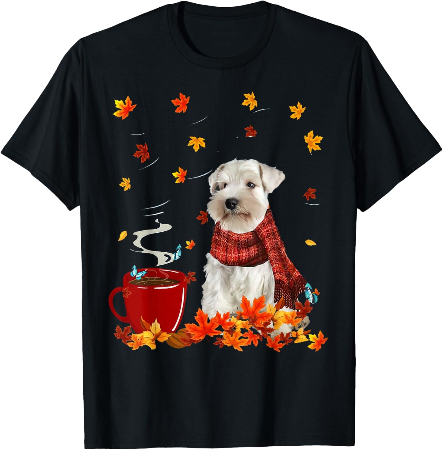 Schnauzer Fall Red Scarf Autumn Leaf For Dog Lover Men Women T-Shirt - T-Shirt | Black