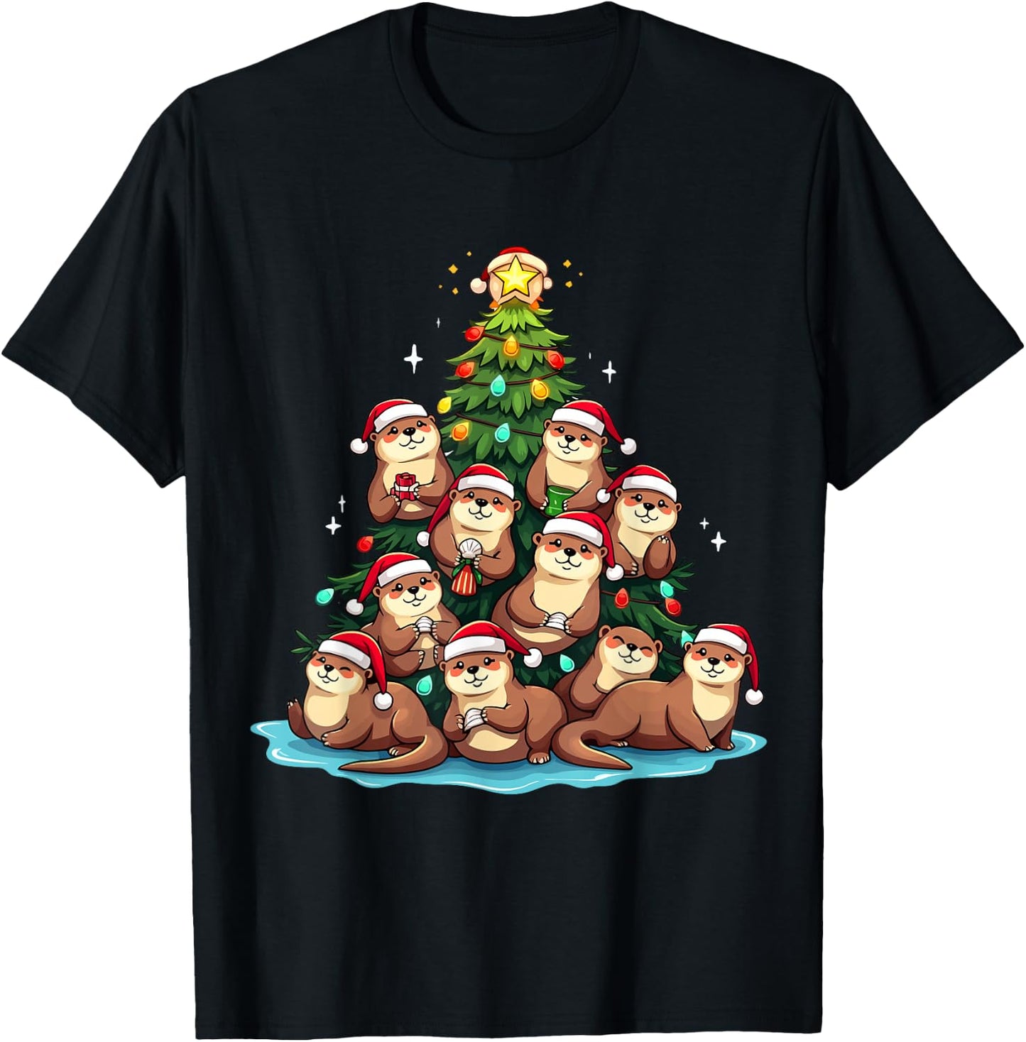 Otter Christmas Tree Funny Water Weasel Holiday T-Shirt - T-Shirt | Black