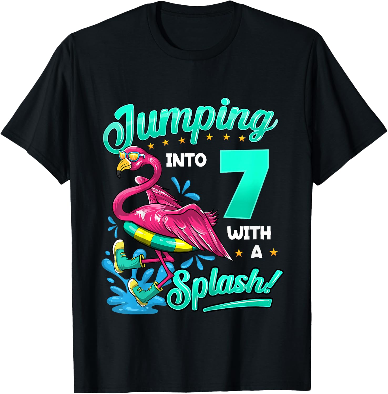 7th Birthday Flamingo Pool Party Jumping Into 7 Years Old T-Shirt - T-Shirt | Black