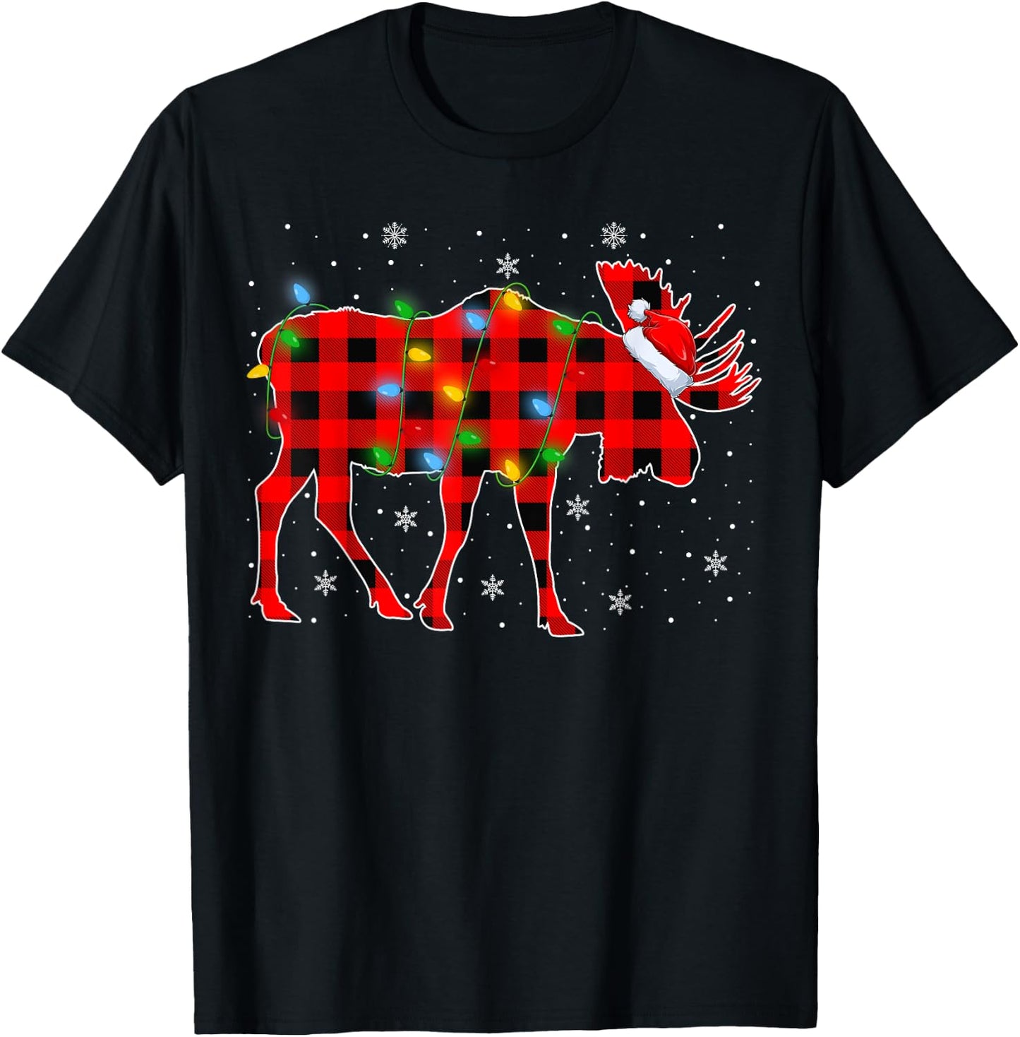 Moose Xmas Lighting Buffalo Plaid Moose Christmas Pajama T-Shirt - T-Shirt | Black