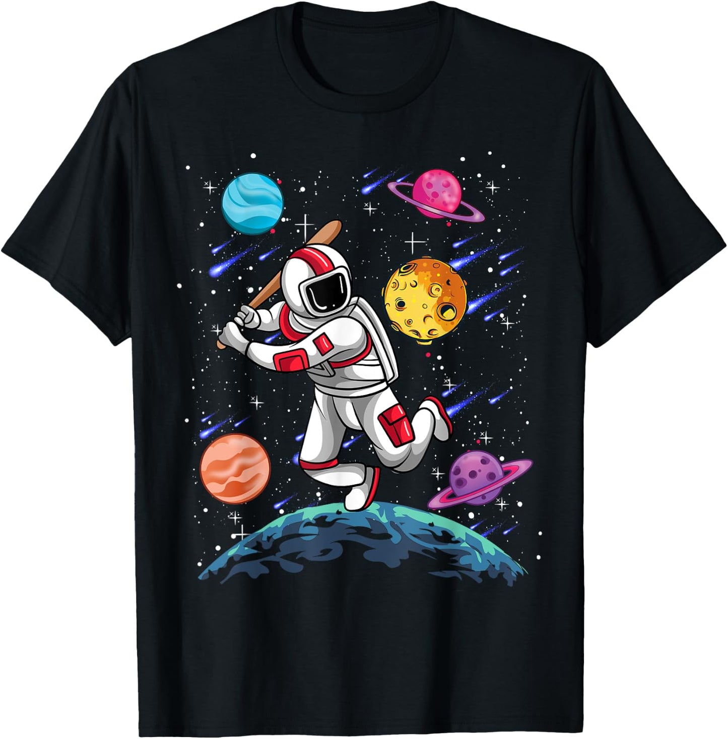 Astronaut Softball Player Sport Galaxy Outer Space Planets T-Shirt - T-Shirt | Black