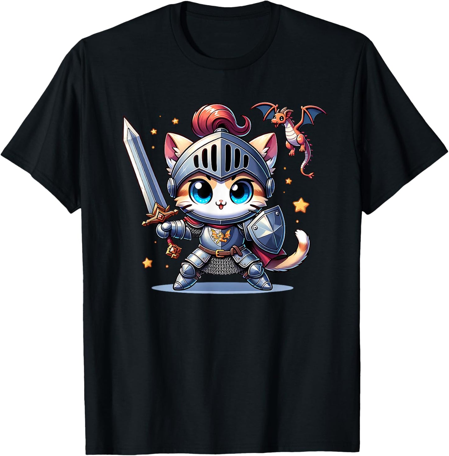 Ren Faire Medieval Knight Cat Kitten Sword Dragon Graphic T-Shirt - T-Shirt | Black