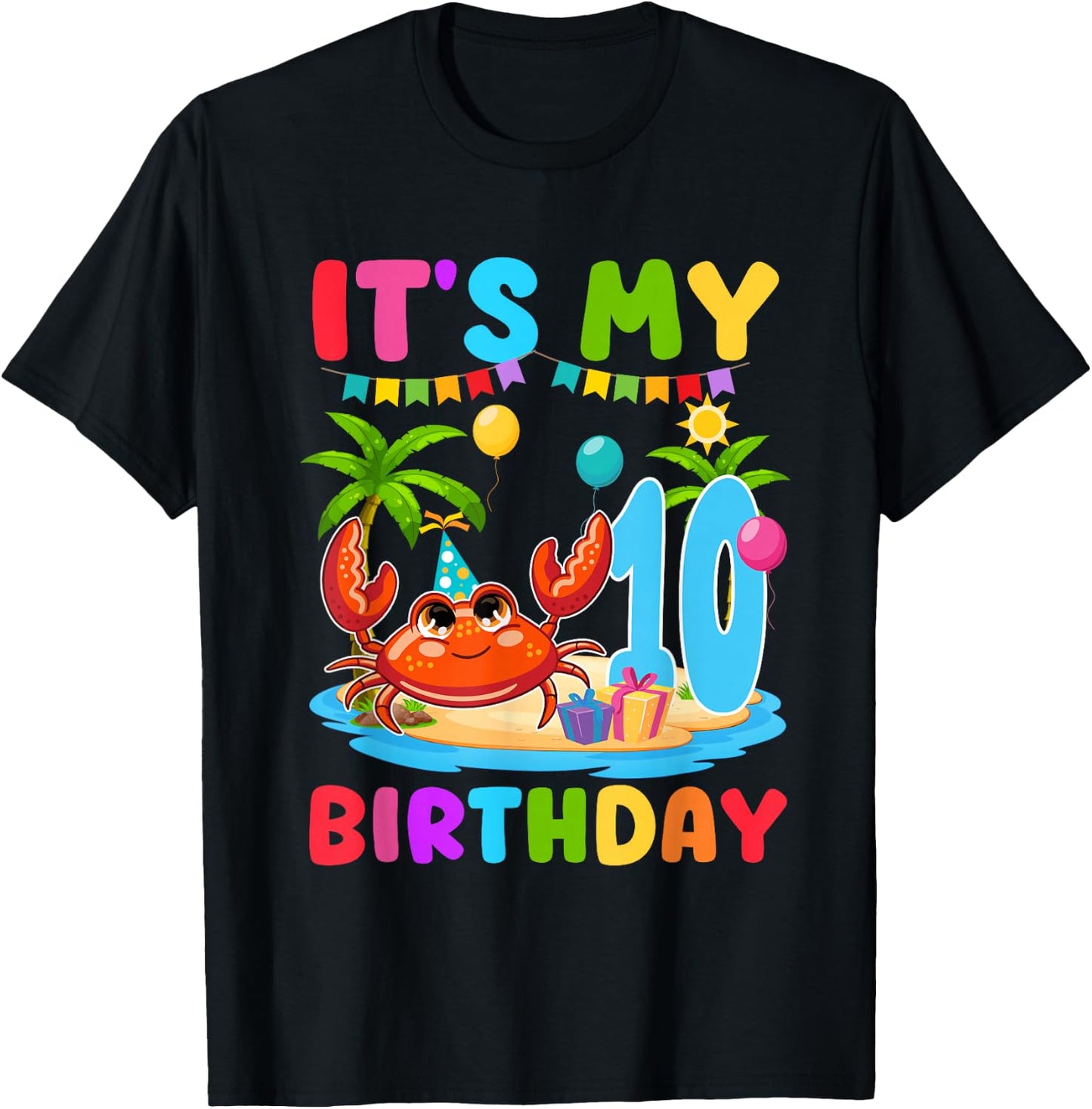 10th Birthday Crab Themed Summer Beach Party 10 Year Old T-Shirt - T-Shirt | Black