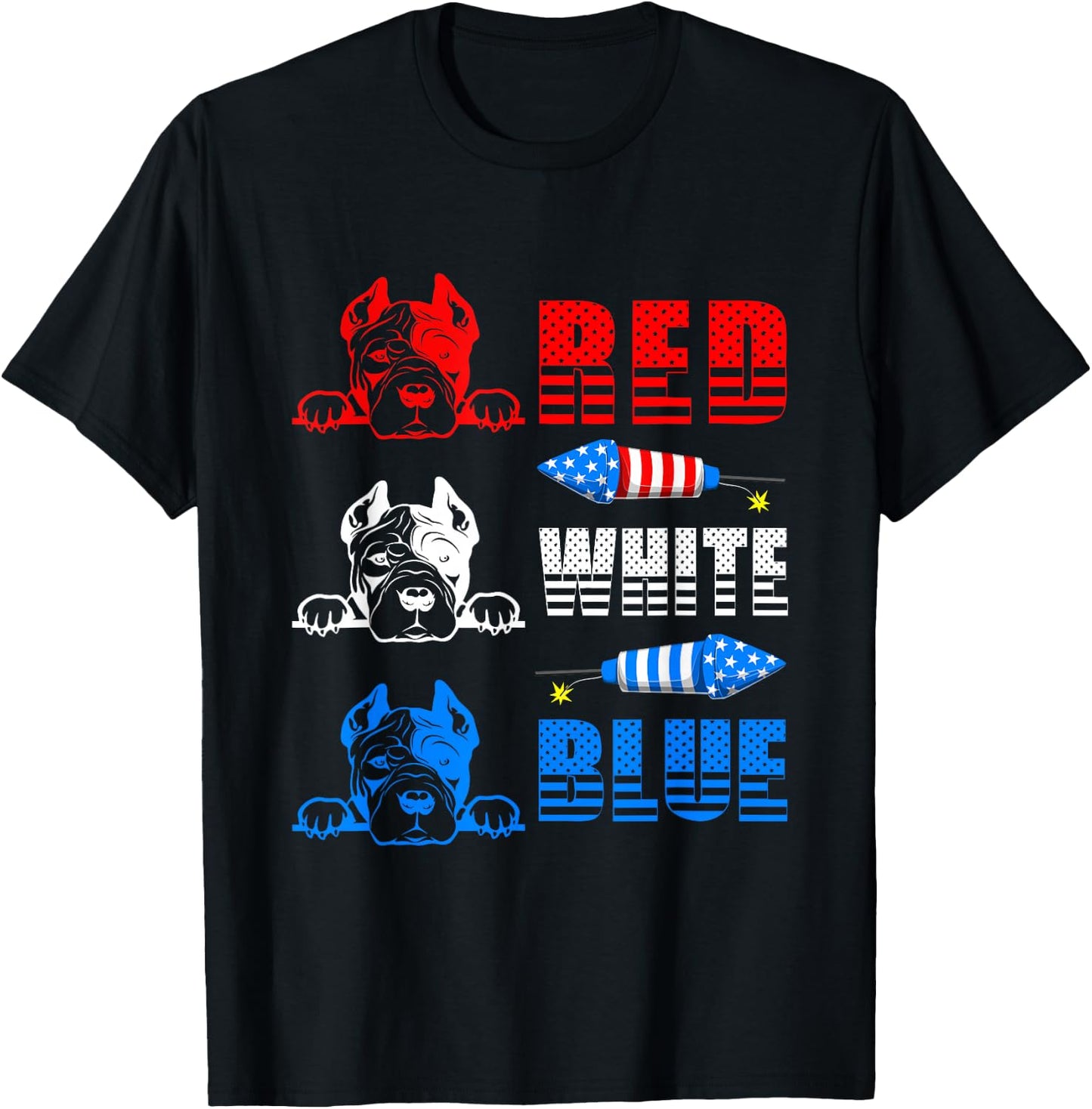 Red White Blue Three Cute Pit Bull 4th Of July American Flag T-Shirt - T-Shirt | Black