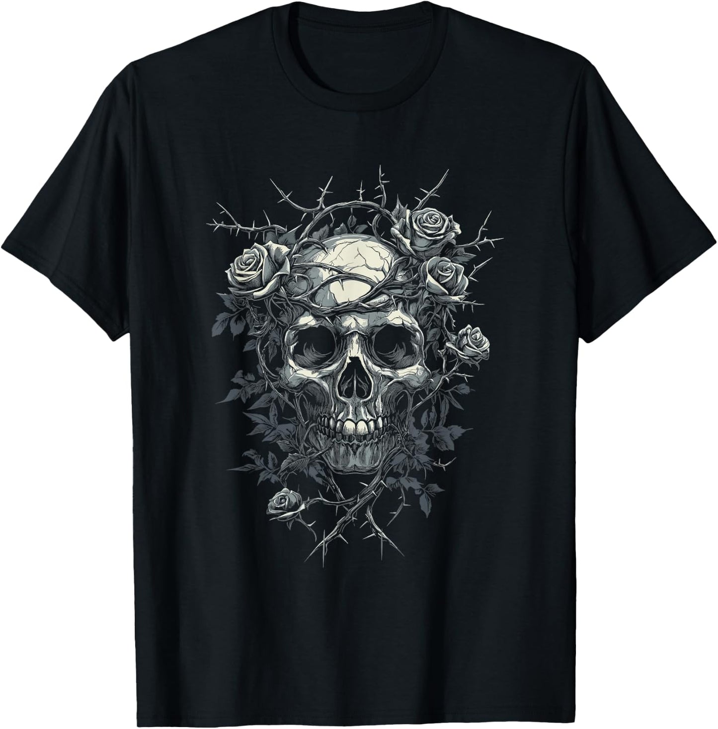 Totenkopf mit Rosen und Dornen - Gothic T-Shirt - T-Shirt | Black
