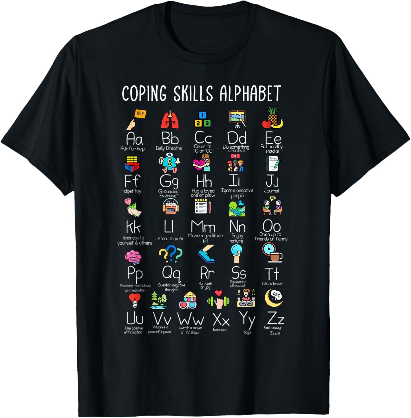 Counselor - Coping Skills Alphabet Mental Health Awareness T-Shirt - T-Shirt | Black