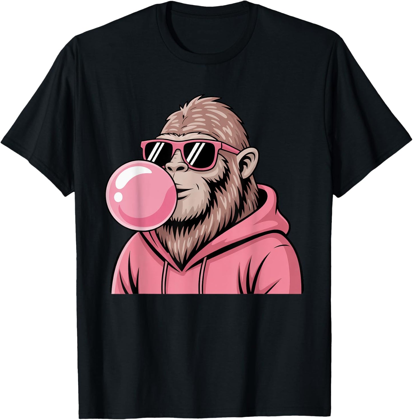Bigfoot Sasquatch Blowing Pink Bubble Gum and Sunglasses T-Shirt - T-Shirt | Black