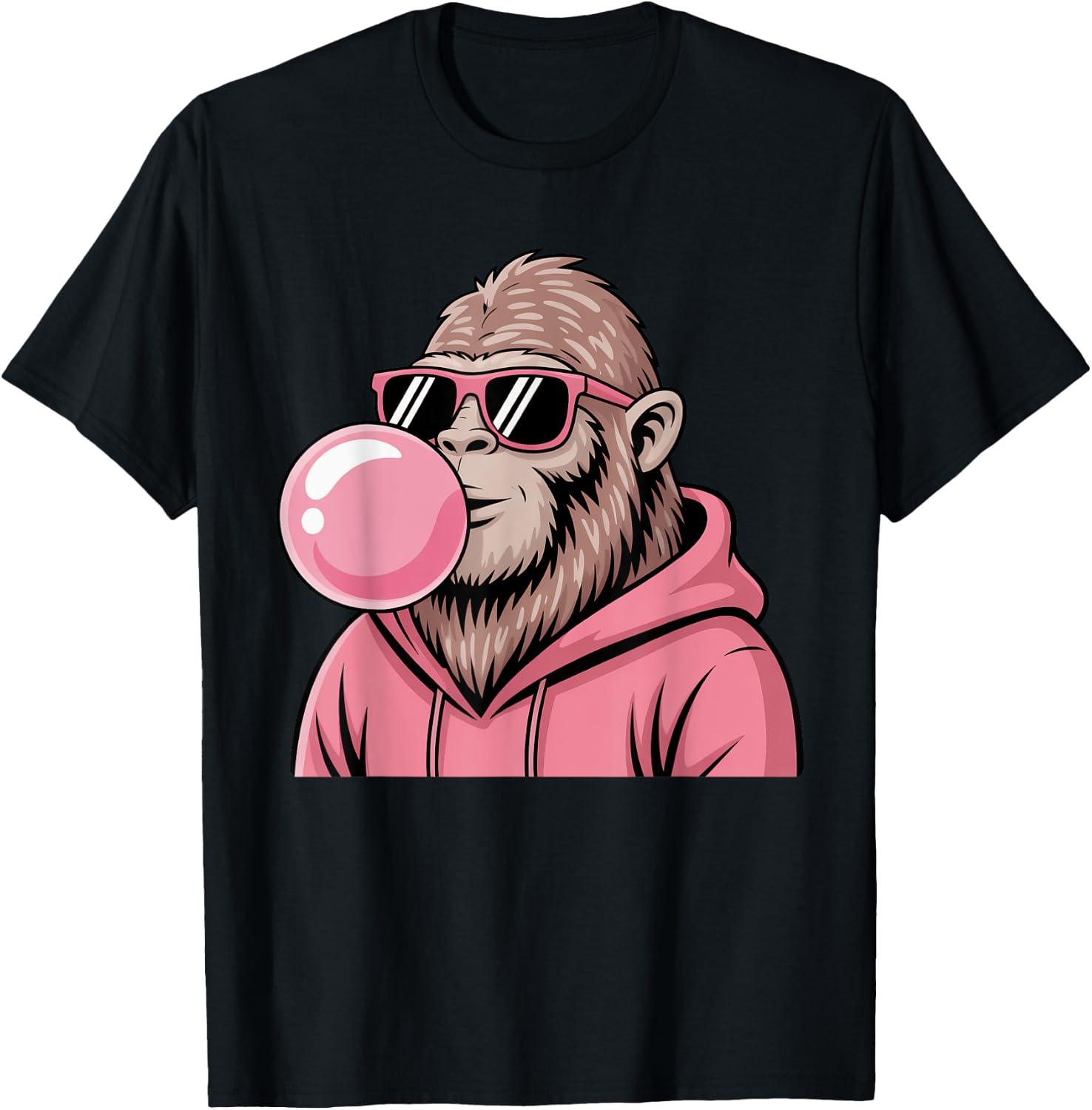 Bigfoot Sasquatch Blowing Pink Bubble Gum and Sunglasses T-Shirt - T-Shirt | Black