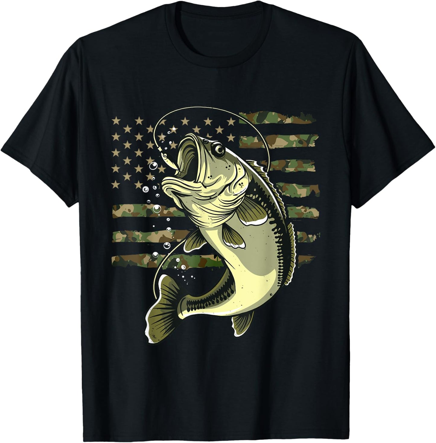 Bass Fish Fishing USA American Flag Camouflage Fisherman T-Shirt - T-Shirt | Black