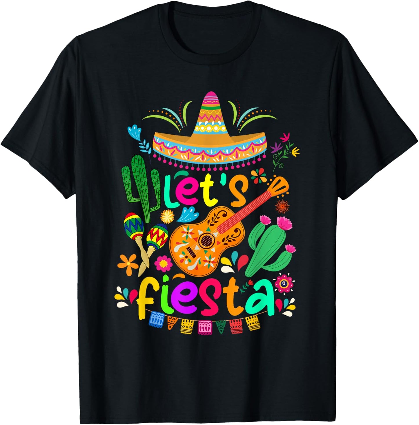 Cinco De Mayo Mexican Cactus Shirt Lets Fiesta Party , Black, S T-Shirt - T-Shirt | Black