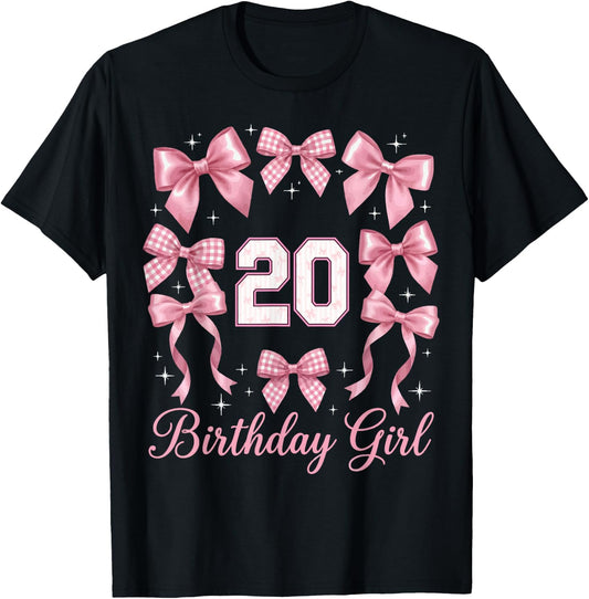 20th Birthday Shirt Women Coquette Bow 20 Year Old Birthday T-Shirt - T-Shirt | Black