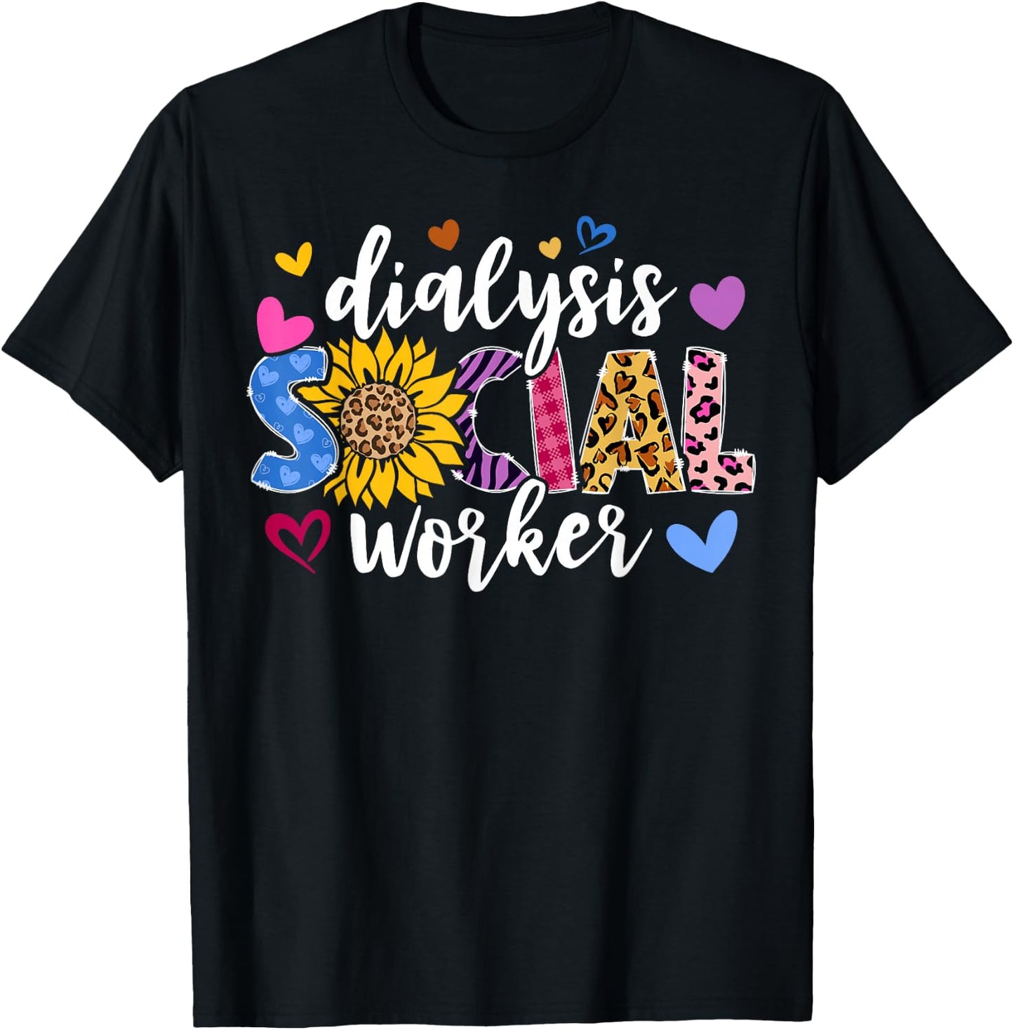 Dialysis Social Worker Heart Leopard Sunflower T-Shirt - T-Shirt | Black