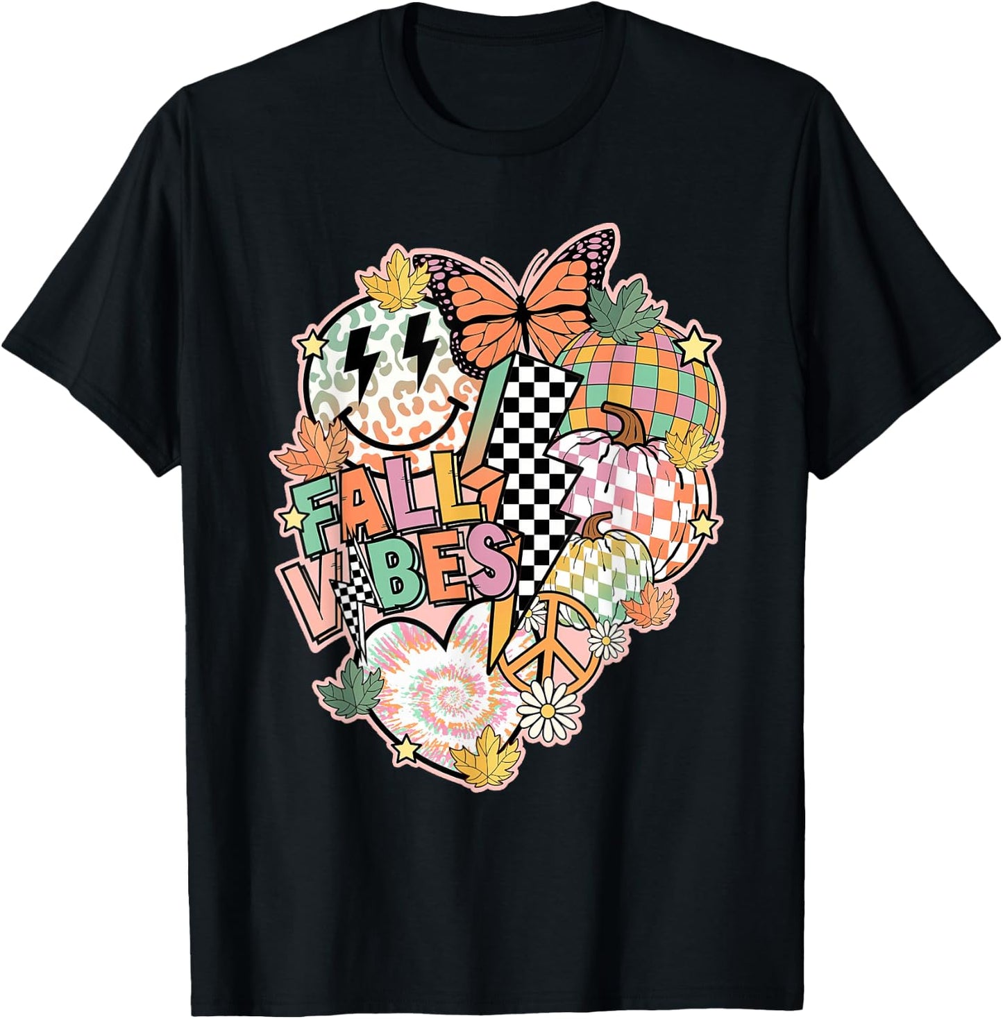 Fall Vibes Smile Face Hippie Groovy Thanksgiving Autumn T-Shirt - T-Shirt | Black