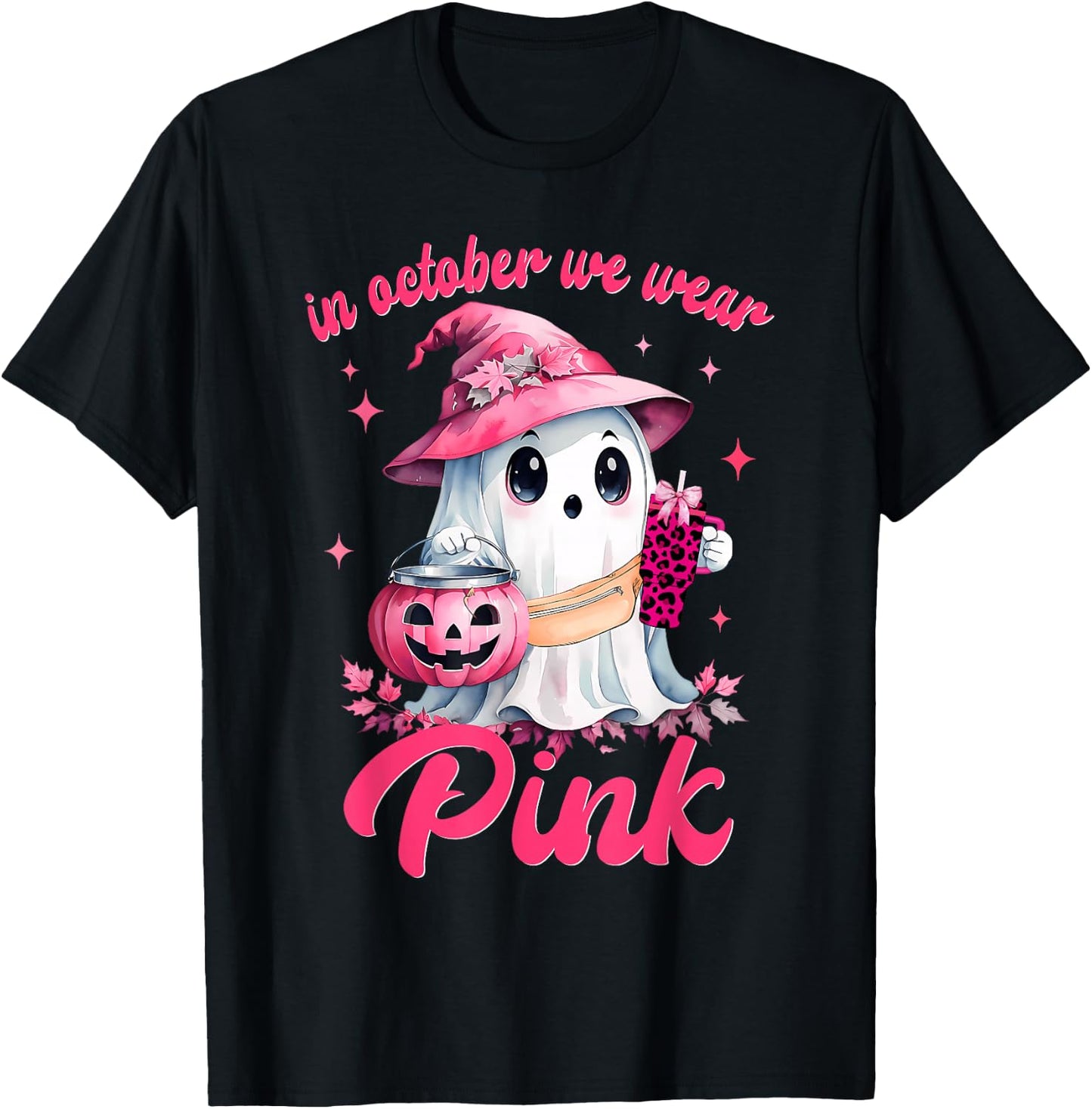 In October We Wear Pink Ghost Witch Breast Cancer Awareness T-Shirt - T-Shirt | Black