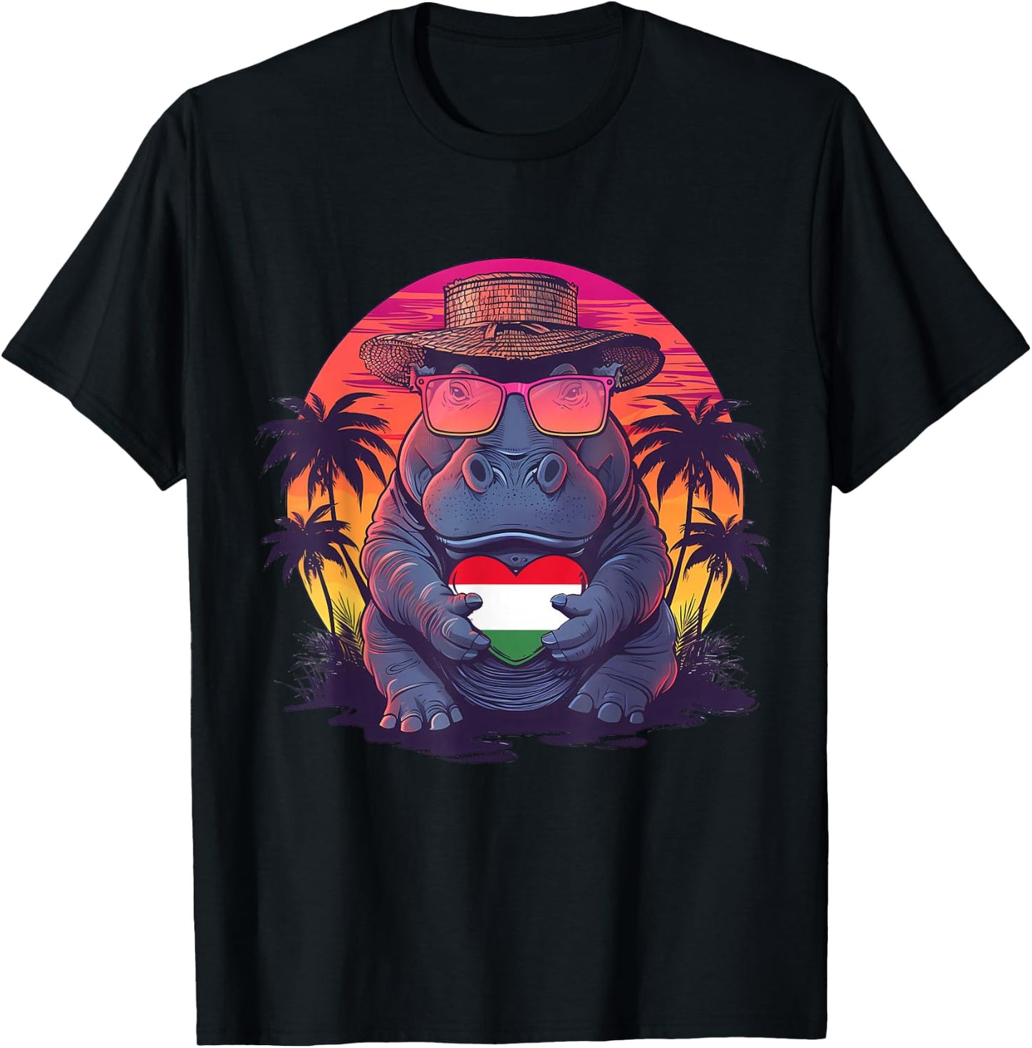 Hungary Flag Rhino Sunset Heart Sunglasses Hungarian Roots T-Shirt - T-Shirt | Black
