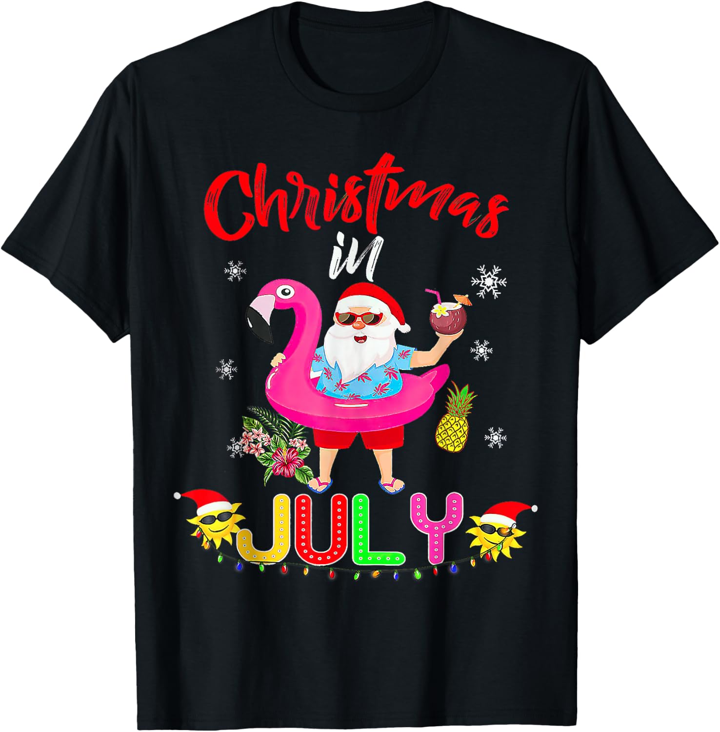 Christmas in July Santa Hawaiian flamingo T-Shirt - T-Shirt | Black