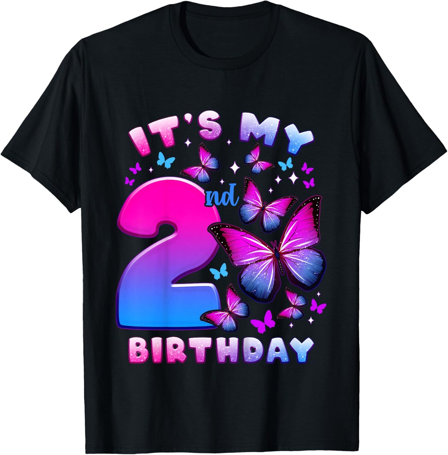 Birthday Girl 2 Years Old Butterfly Number 2 T-Shirt - T-Shirt | Black